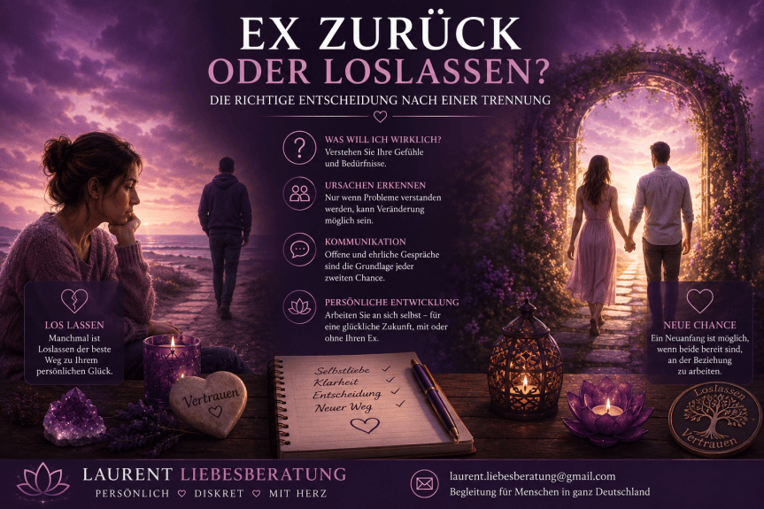 Ex zurück oder loslassen – Symbolische Darstellung einer Entscheidung nach einer Trennung zwischen Versöhnung und einem Neuanfang.