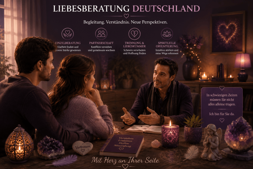 Liebesberatung Deutschland – Ein Berater begleitet ein Paar einfühlsam bei Fragen zu Liebe, Partnerschaft und persönlicher Orientierung.