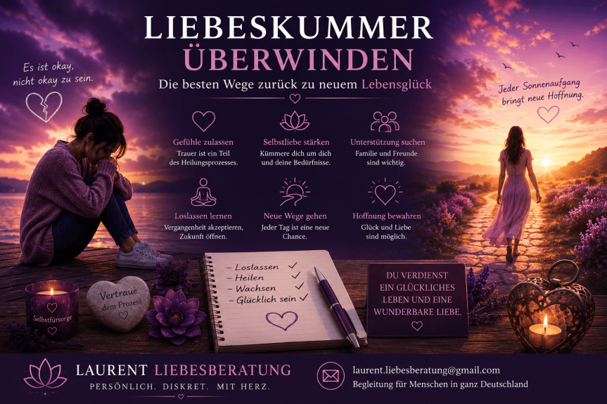 Liebeskummer überwinden – Symbolische Darstellung einer Person auf dem Weg von Trauer und Herzschmerz zu Hoffnung, Heilung und neuem Lebensglück.