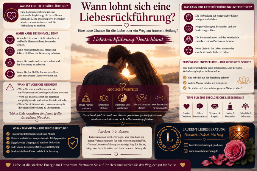 Liebesrückführung Deutschland – Spirituelle Begleitung nach einer Trennung mit Fokus auf Liebe, Vertrauen, persönlicher Entwicklung und einem möglichen Neuanfang.