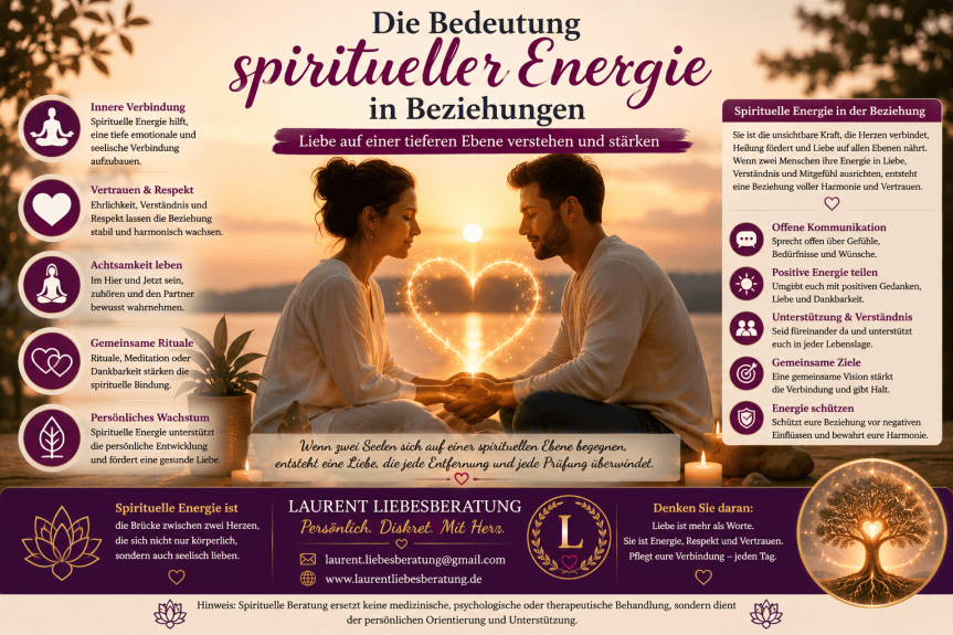 Spirituelle Energie in Beziehungen – Paar stärkt Liebe, Vertrauen und Harmonie durch Achtsamkeit, gegenseitigen Respekt und persönliche Entwicklung.